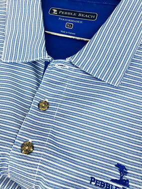 NWOT Pebble Beach Performance Blue White Striped Short Sleeve Golf Polo Shirt XL